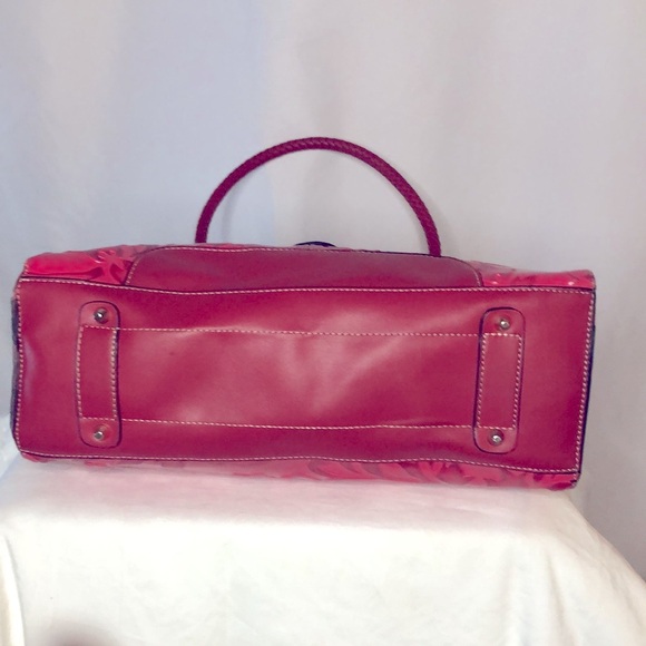 MC red embossed genuine leather satchel handbag with feet. - Picture 10 of 16